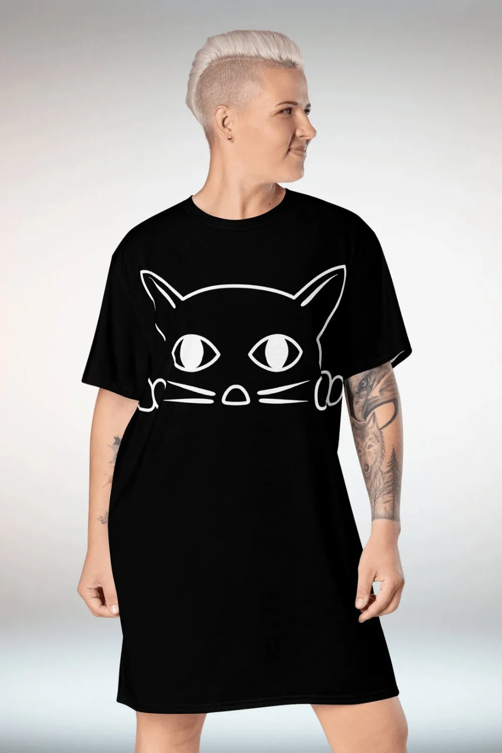 Cat Print Black T Shirt Dress