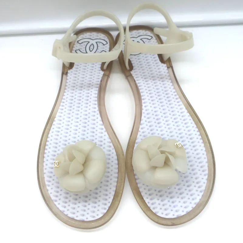 Chanel Camellia Thong Ankle Strap Jelly Sandals Cream Size 41