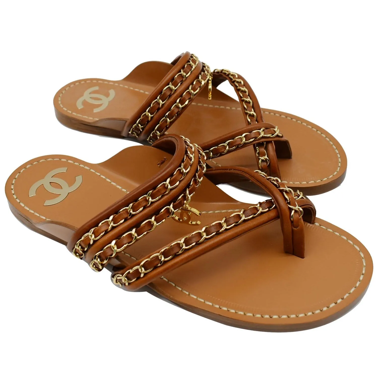 Chanel Thong CC Charm Leather Flat Sandals Brown 39