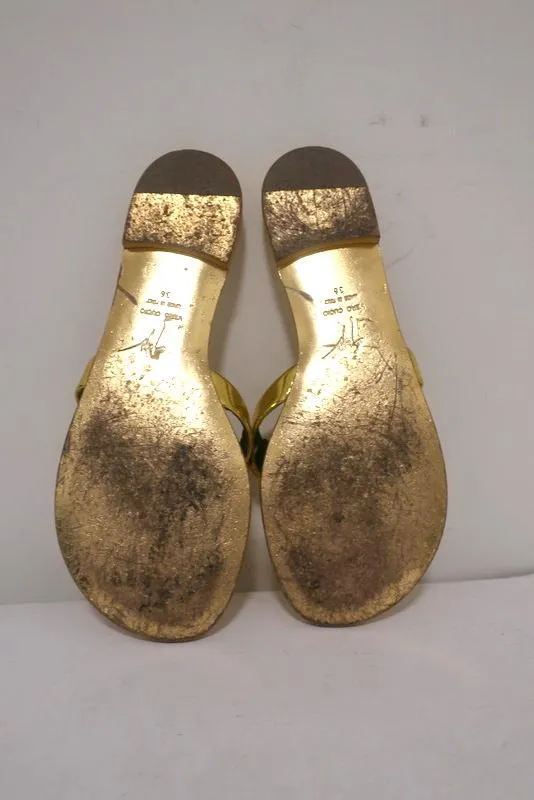 Giuseppe Zanotti Disc-Detailed Flat Thong Sandals Gold Metallic Leather Size 36
