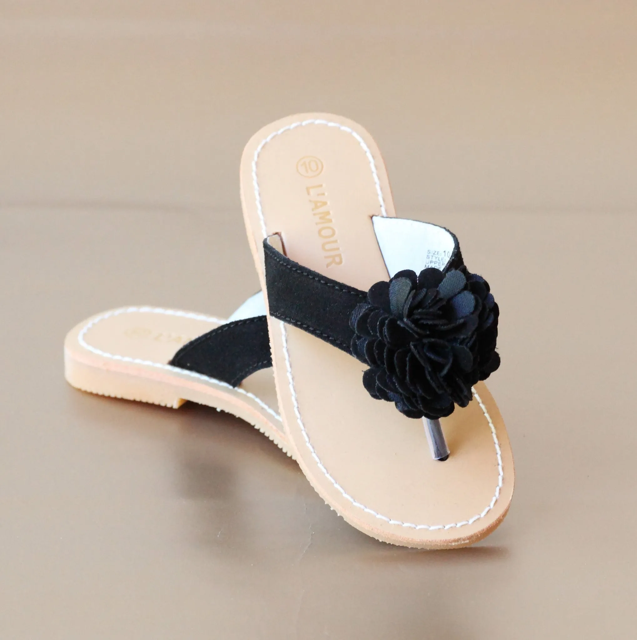 L'Amour Girls Pom Pom Microsuede Thong Sandal