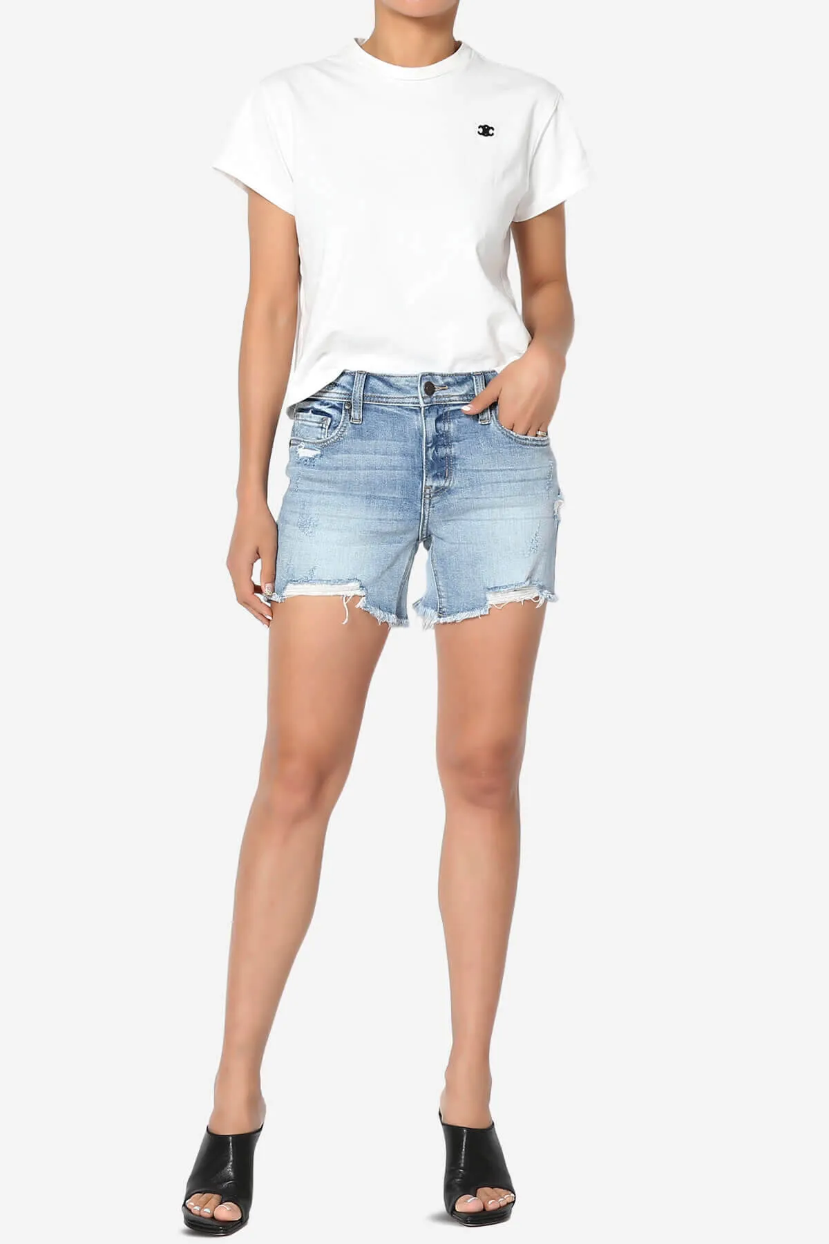 Riley Mid Rise Thigh Denim Shorts Medium