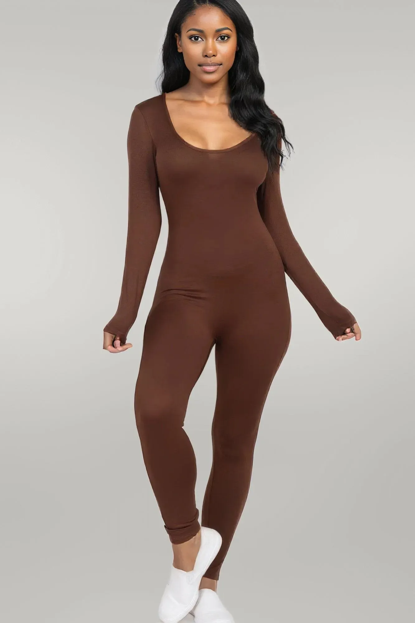 Scoop Neck Long Sleeve Bodycon Jumpsuit