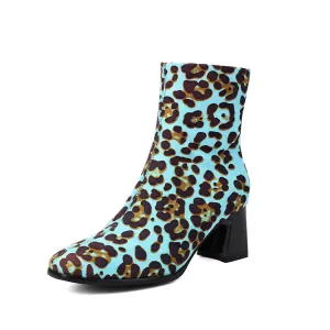 Women's Leopard-print Square Toe Block Heel Short Boots