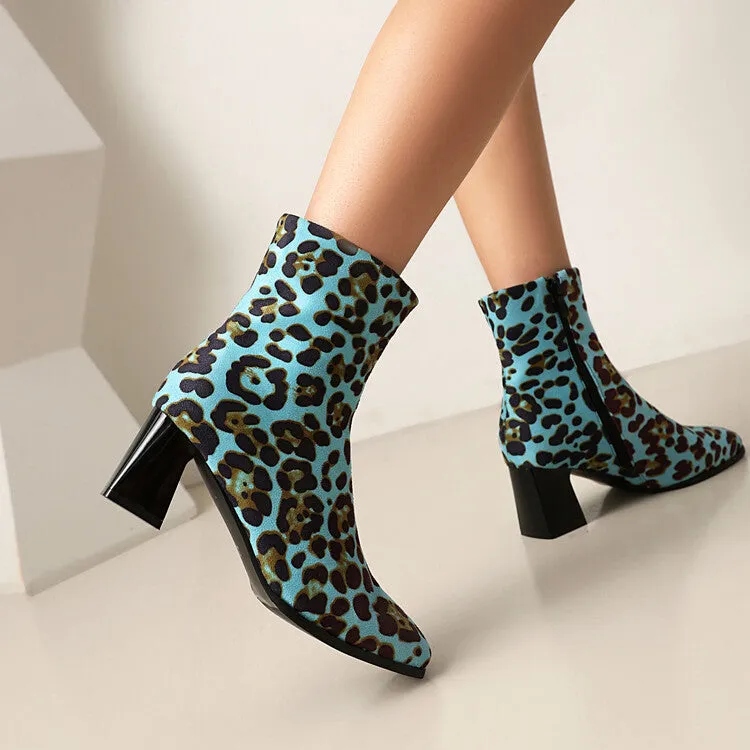 Women's Leopard-print Square Toe Block Heel Short Boots